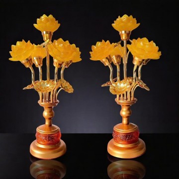 Đèn 5 bông sen lưu ly ( nhỏ ) thân hổ phách